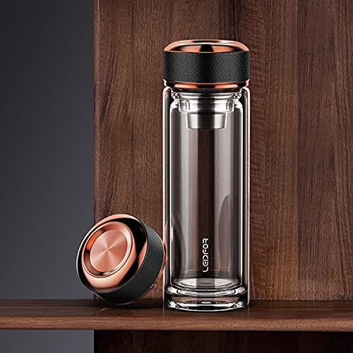 LEIDFOR Tea Tumbler with Infuser - BPA Free Double Wall Glass Travel Tea Mug With Stainless Steel Filter - Leakproof Tea Bottle with Strainer for Loose Leaf Tea and Fruit Water 17 oz